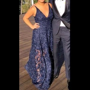 Wedding guest Xscape Womens Navy Lace 3D Floral Gown